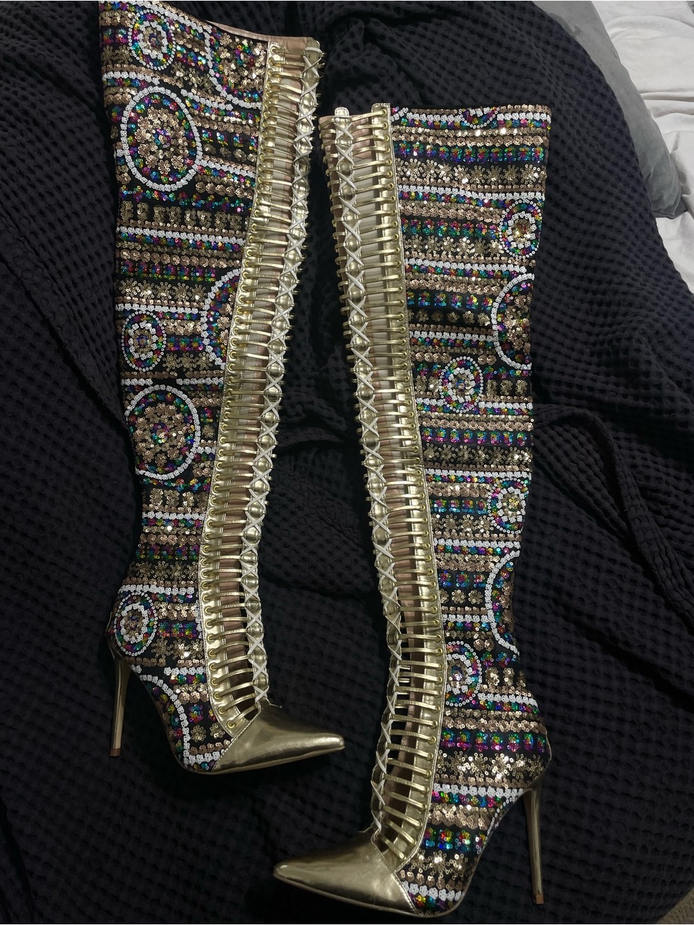 Sequin embossed, gold thigh Stiletto Boots - Women - Picture 3 of 13